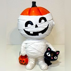 Pumpkin Mummy Figurine Holding a Pumpkin Trick Or Tray Basket & Black Cat